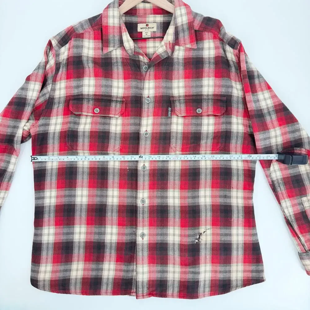 Woolrich Mens XL Flannel Shirt Red Black Plaid Heavy Cotton Elbow Patches FLAWED - Picture 10 of 15